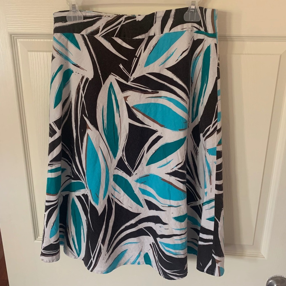 Cato 10 A-Line Skirt Turquoise Brown White Tropical Leaf Print Lined Side Zip